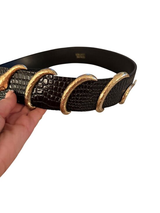 Vintage Style Wide Waist Gold Snake Belt Croc Embossed Leather Black Medium main image 12